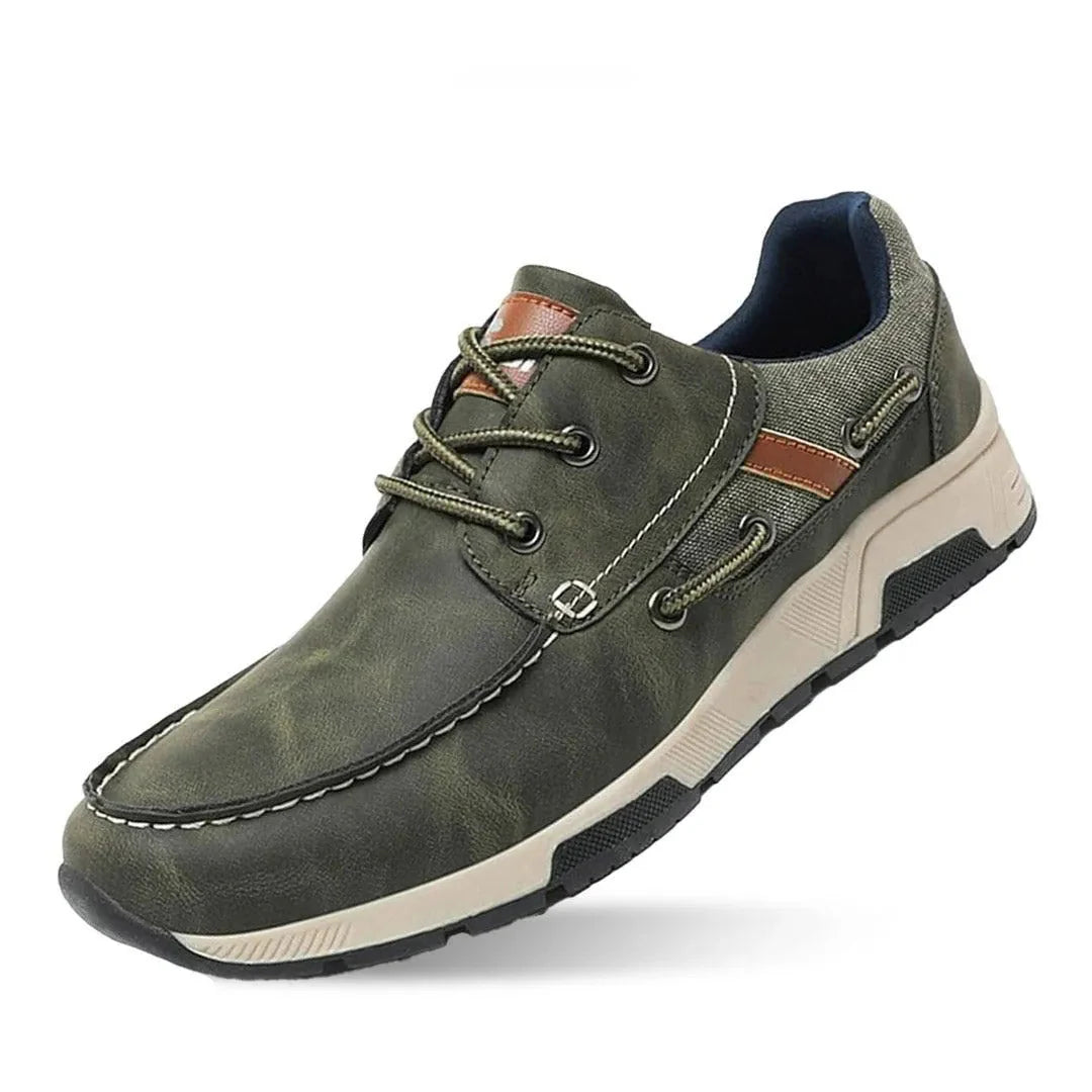 Men's brown faux leather boat sneakers with breathable side panels and casual deck style