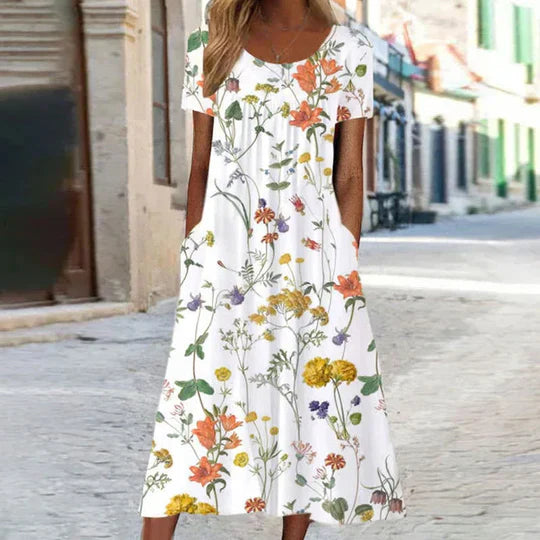 Women's floral midi summer dress in chic Charlotte style, ultra-comfortable easy-care fabric for effortless wear