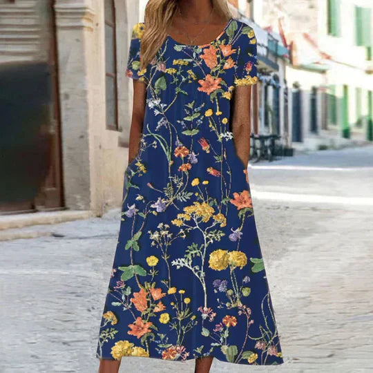 Women's floral midi summer dress in chic Charlotte style, ultra-comfortable easy-care fabric for effortless wear