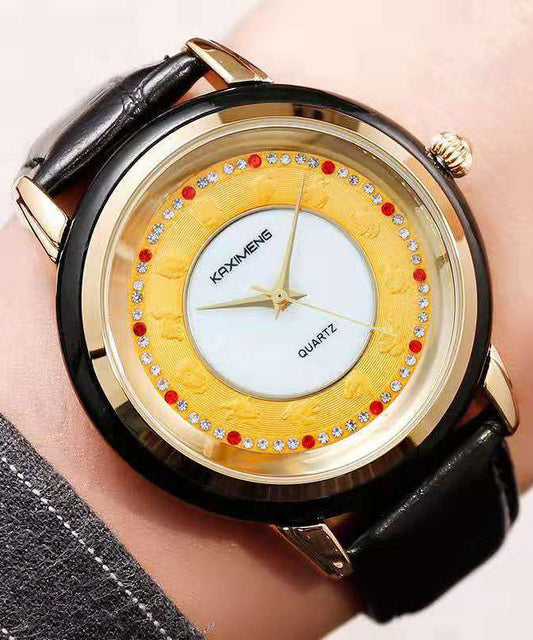 Montre étanche en alliage de cuir noir bohème, incrustée de zircons, verre trempé et jade - Urbann-Vibe