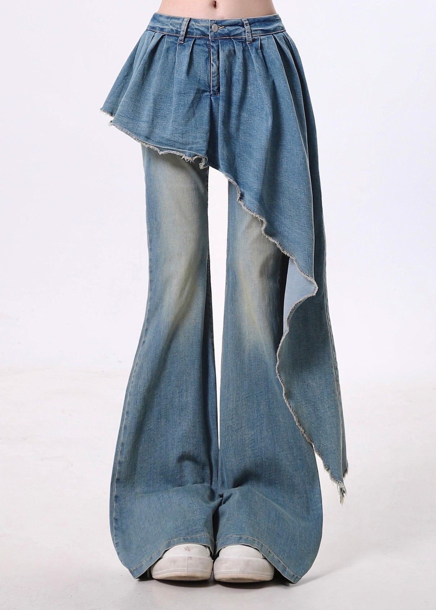 Pantalon évasé en denim bleu bohème asymétrique patchwork, printemps - Urbann-Vibe