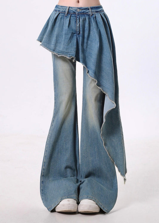 Pantalon évasé en denim bleu bohème asymétrique patchwork, printemps - Urbann-Vibe