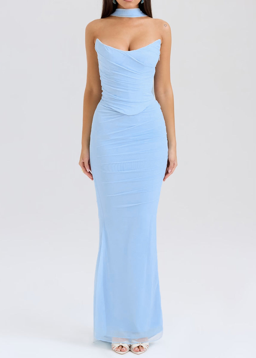 Robe bohème bleue dos nu en tulle sans bretelles - Urbann-Vibe