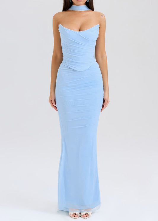 Robe bohème bleue dos nu en tulle sans bretelles - Urbann-Vibe