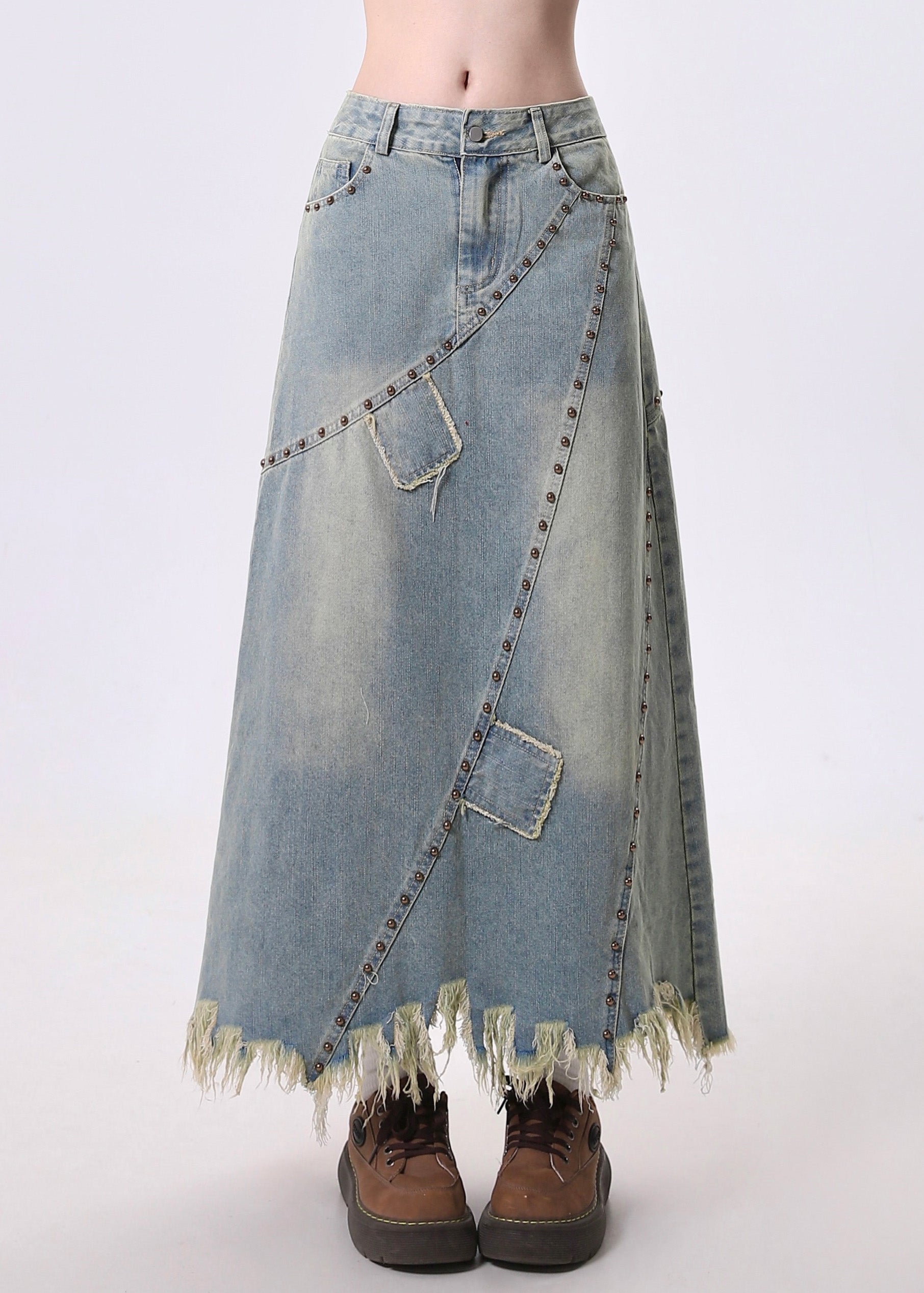 Jupe trapèze en jean bleu bohème à franges et rivets, style patchwork, printemps - Urbann-Vibe