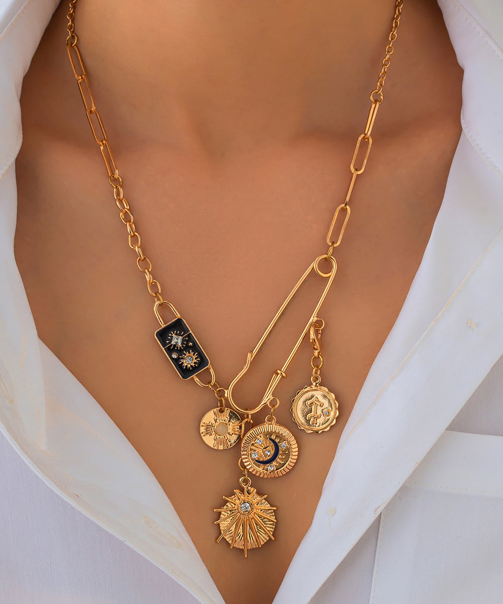 Collier bohème avec pendentif croix asymétrique en alliage de cuivre doré et zircon - Urbann-Vibe