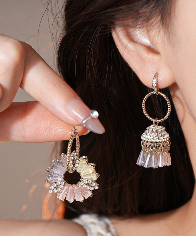 Boucles d'oreilles pendantes asymétriques en forme de cloche florale en cristal de Bohème, en cuivre doré et zircon - Urbann-Vibe