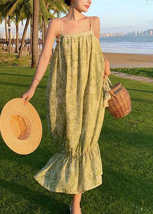 Robe d'été à bretelles spaghetti en coton imprimé bohème vert - Urbann-Vibe