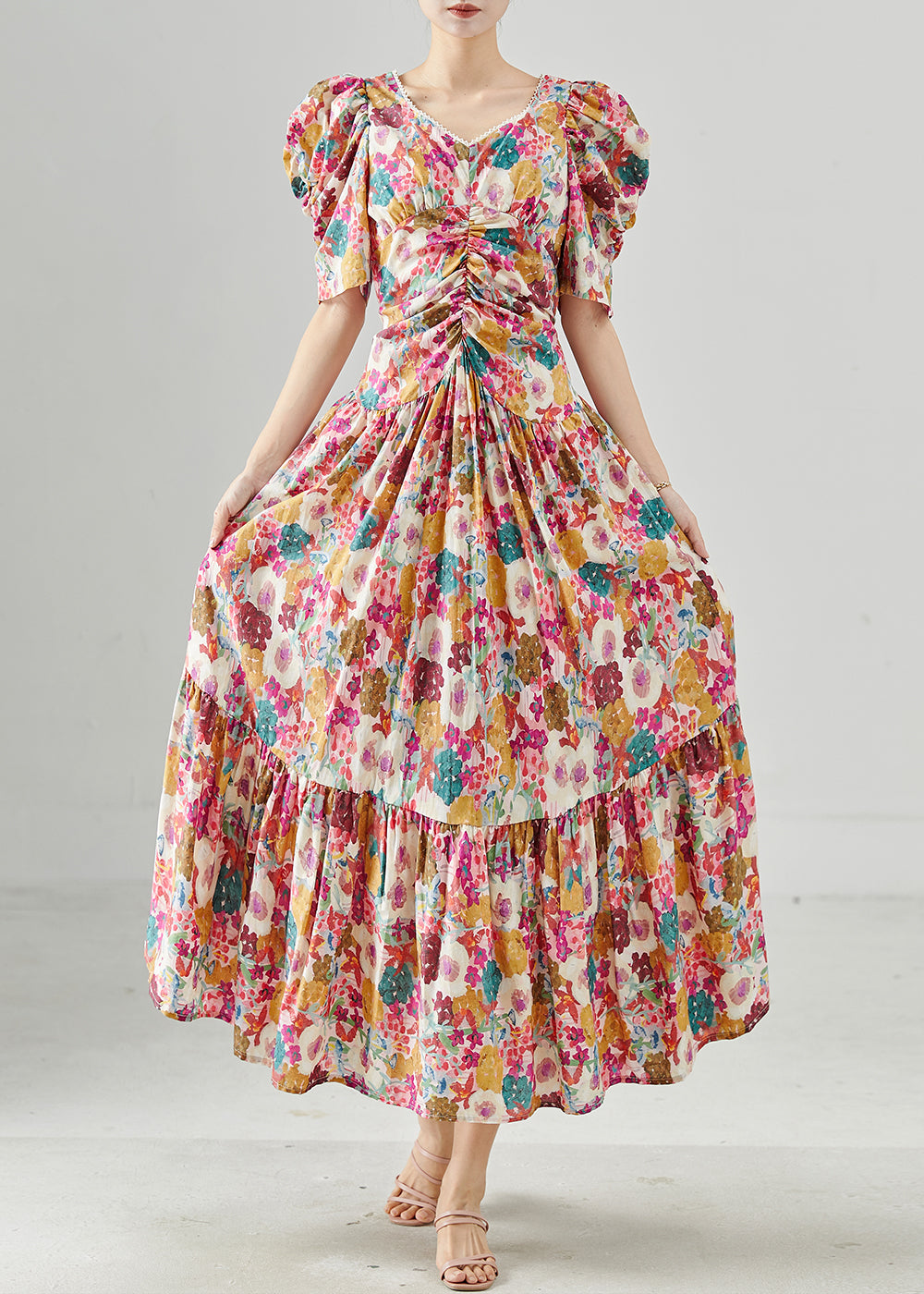 Robe longue bohème en coton imprimé à manches bouffantes pour l'été - Urbann-Vibe