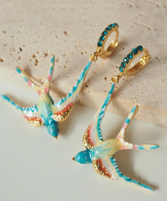Boucles d'oreilles pendantes bohèmes en alliage de cuivre et émail avec pierres précieuses en forme d'hirondelle - Urbann-Vibe