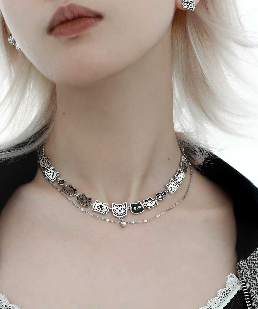 Collier double couche en acier inoxydable et soie de Bohème avec motif graffiti et chat - Urbann-Vibe