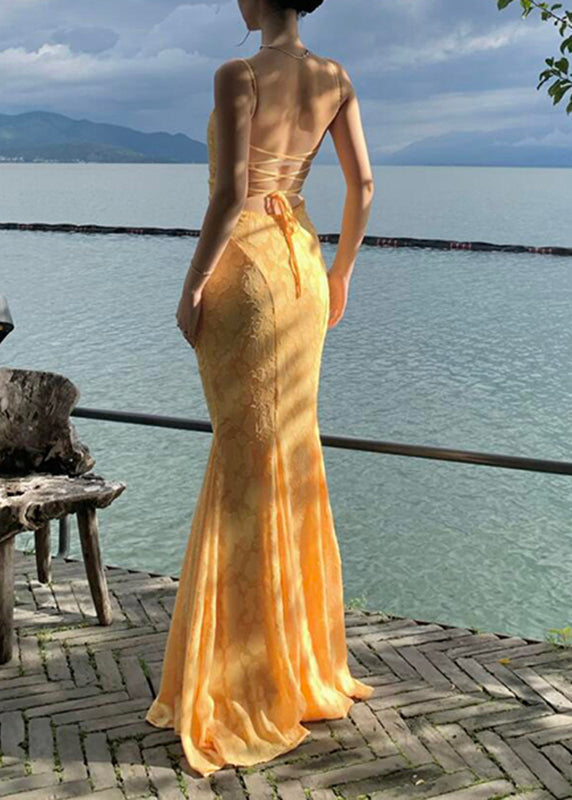 Robe longue bohème jaune dos nu en dentelle à bretelles spaghetti et queue de poisson sans manches - Urbann-Vibe