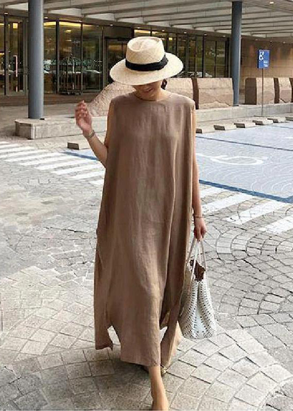 White floral bohemian linen maxi dress with side slit, relaxed one-size fit for women