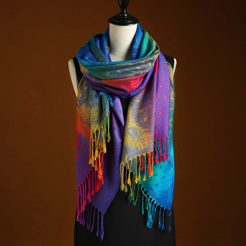 Women's bohemian cashmere shawl gradient multicolor design with elegant fringe boho chic wrap