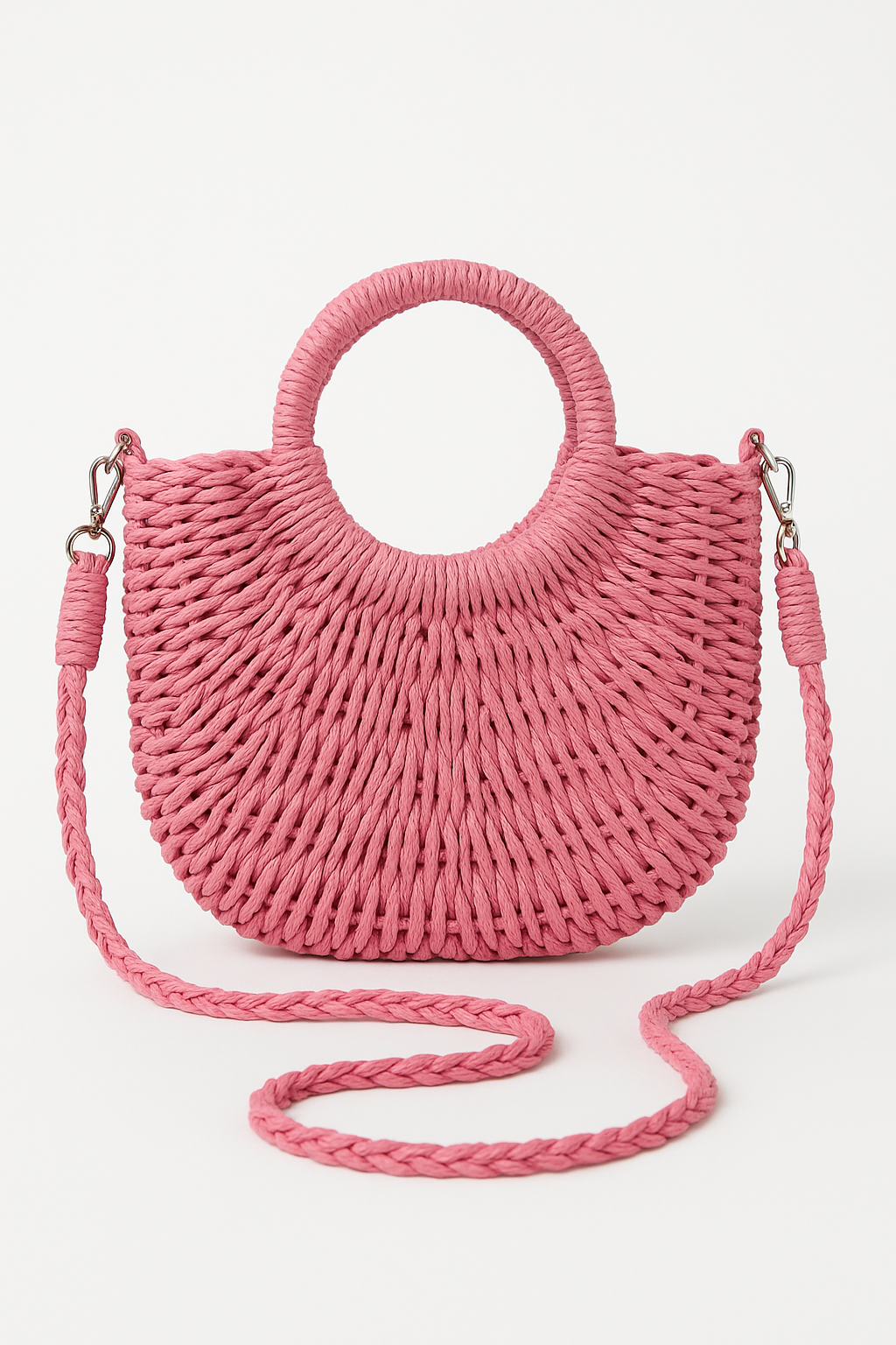 Natural bohemian straw handbag half-moon shape wrapped ring handles braided crossbody strap boho chic