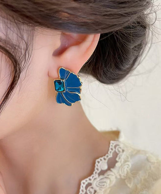 Boucles d'oreilles à tige en alliage bleu bohème avec cristaux et pétales émaillés - Urbann-Vibe