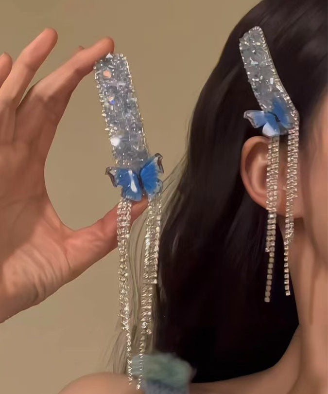 Épingles à cheveux bohèmes bleues en alliage de zircon et pompon papillon (paire) - Urbann-Vibe