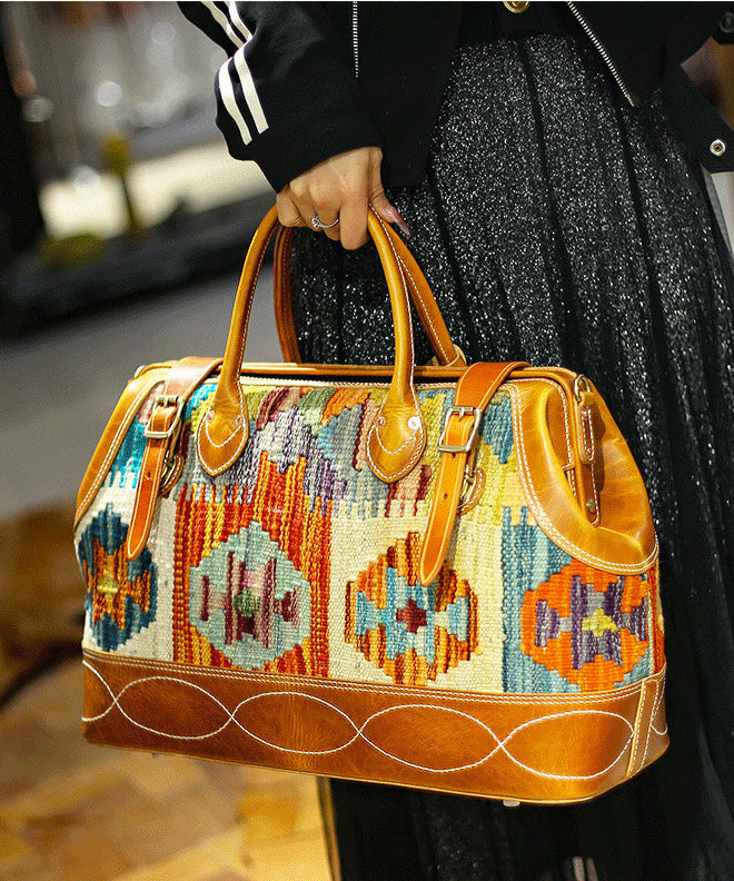 Sac fourre-tout en cuir et toile de lin style bohème marron jacquard patchwork - Urbann-Vibe