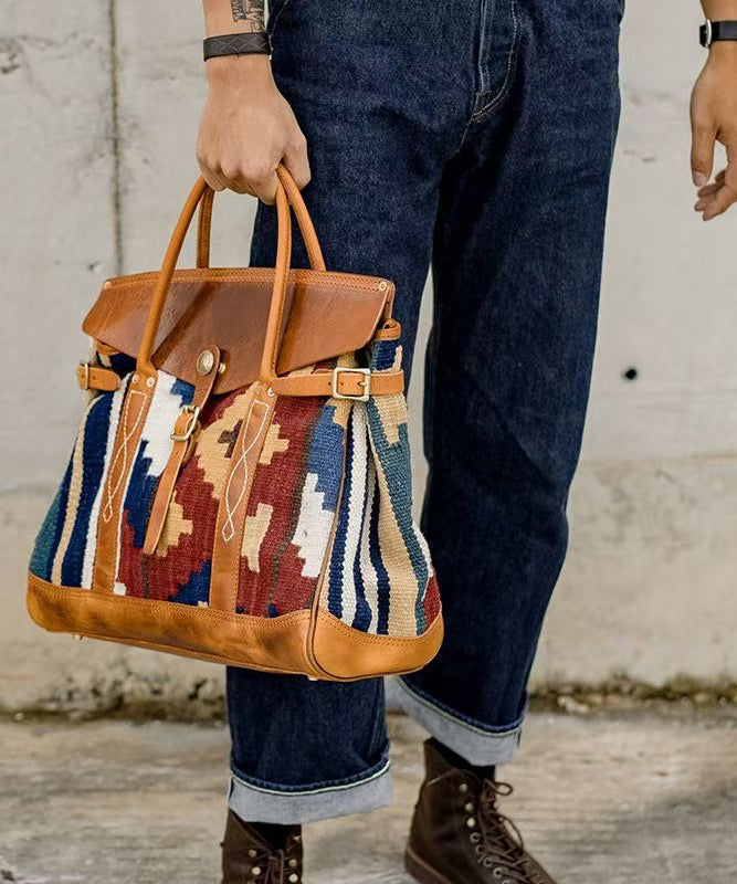 Sac fourre-tout en cuir patchwork imprimé marron bohème - Urbann-Vibe