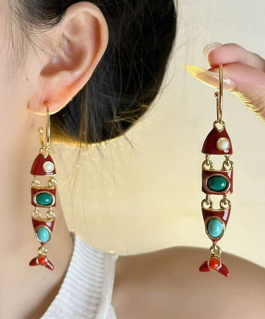 Boucles d'oreilles pendantes bohèmes en alliage de cuivre émaillé, forme de poisson, colorblock. - Urbann-Vibe