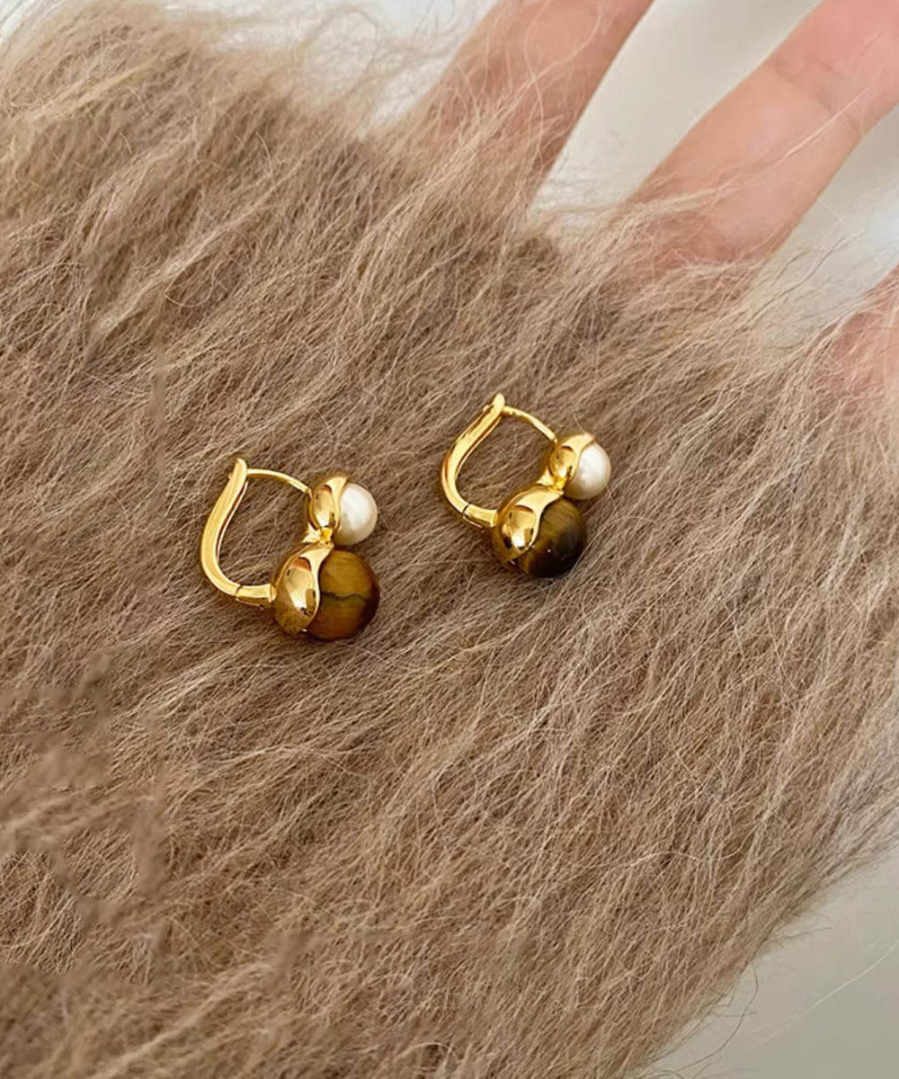 Boucles d'oreilles créoles en alliage de cuivre doré style bohème avec pierre œil de chat et perles - Urbann-Vibe