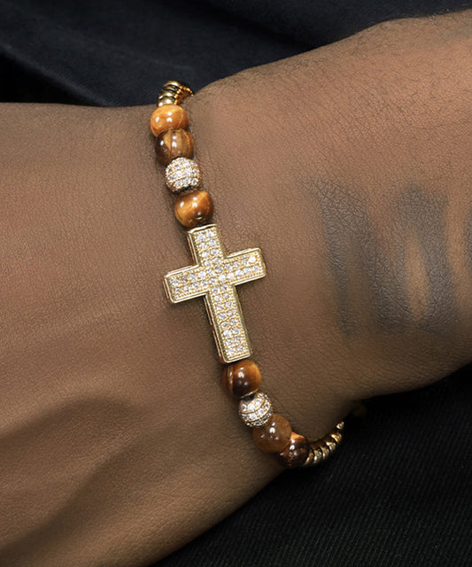 Bracelet à breloques Boho pour homme, croix en zircon doré et cuivre - Urbann-Vibe