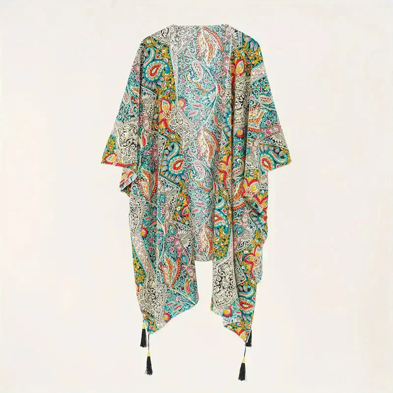 Boho chic kimono cover-up loose flowing silhouette versatile elegant women's wrap