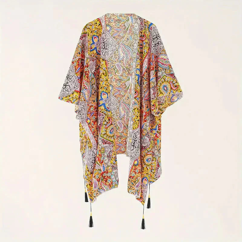 Women's boho kimono cover-up loose flowing silhouette elegant chic versatile layer