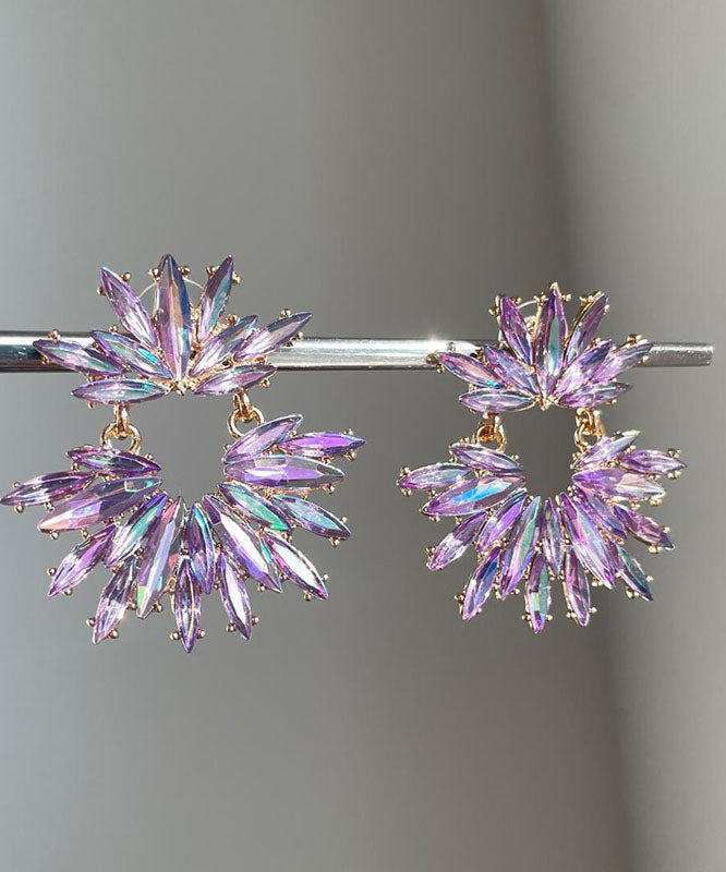 Boucles d'oreilles créoles florales en acrylique violet et zircon de style bohème - Urbann-Vibe