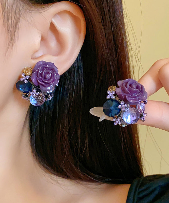 Boucles d'oreilles à tige en verre floral en résine et zircon violet style bohème - Urbann-Vibe