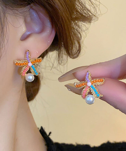 Boucles d'oreilles à tige style bohème arc-en-ciel en alliage de zircon et perles en forme d'étoile de mer - Urbann-Vibe