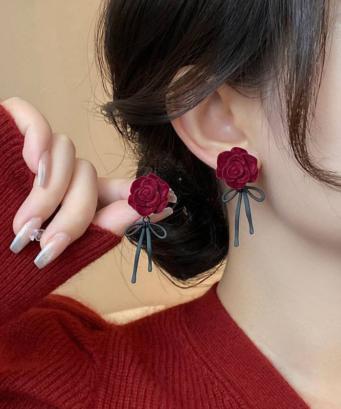 Boucles d'oreilles à tige style bohème en alliage de cuivre rouge avec nœud rose floqué - Urbann-Vibe
