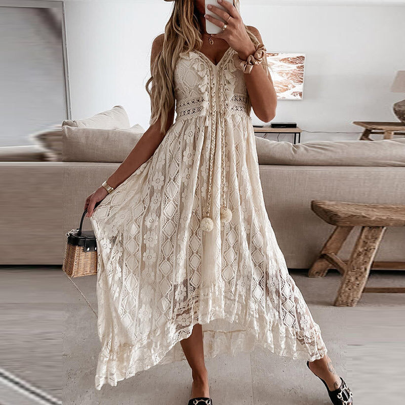 Women's boho chic maxi dress with lace embroidery, V-neck sleeveless silhouette, breathable summer style