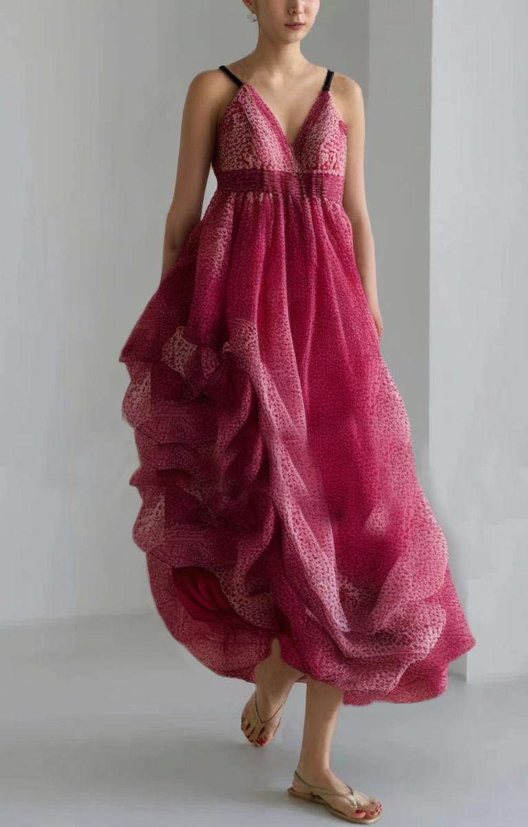 Robe à bretelles spaghetti en soie patchwork froissée à imprimé rose Grace sans manches - Urbann-Vibe