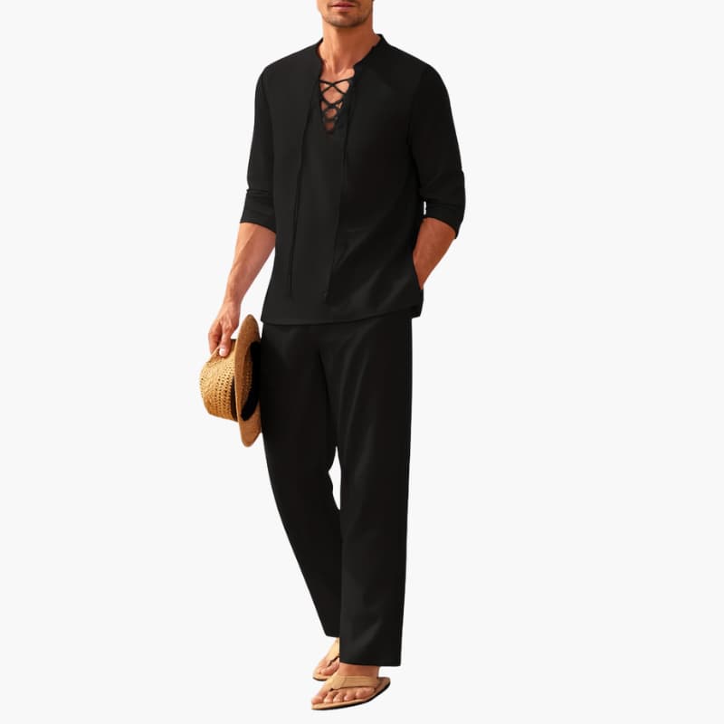 Men's boho two-piece linen set with lace-up shirt and matching pants, lightweight summer style