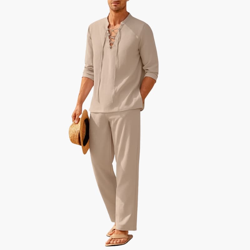 Men's boho two-piece linen set, relaxed-fit lace-up shirt and matching pants, lightweight summer style