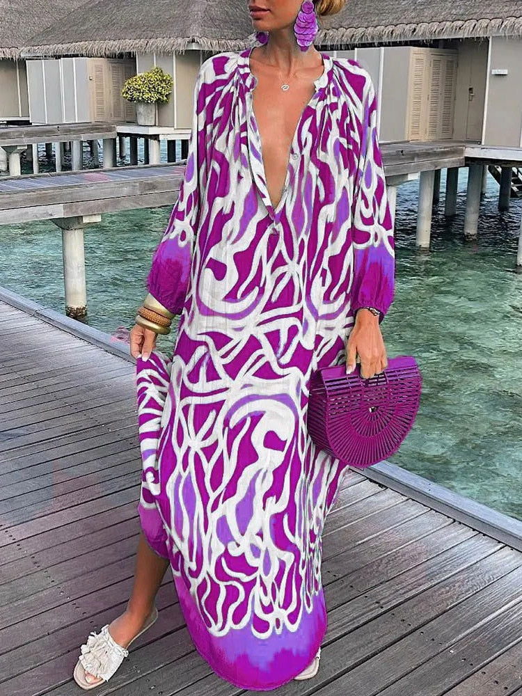 Boho maxi dress bold print flowing ankle-skimming silhouette vacation-ready lightweight women