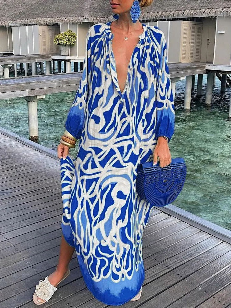 Boho maxi dress bold floral print flowing ankle-length silhouette lightweight vacation-ready style