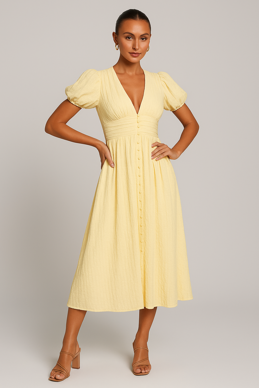 Flowy boho maxi dress in soft tones, relaxed romantic silhouette with vintage-inspired drape for summer
