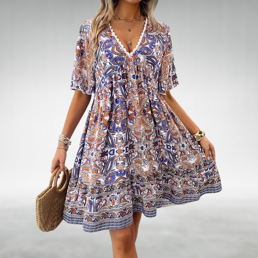 Boho swing dress women flowy V-neck empire waist lightweight breathable polyester summer style