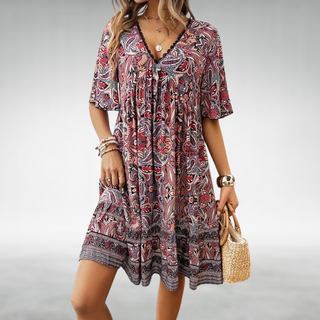 Boho floral swing dress women V-neck empire waist lightweight flowy silhouette summer style
