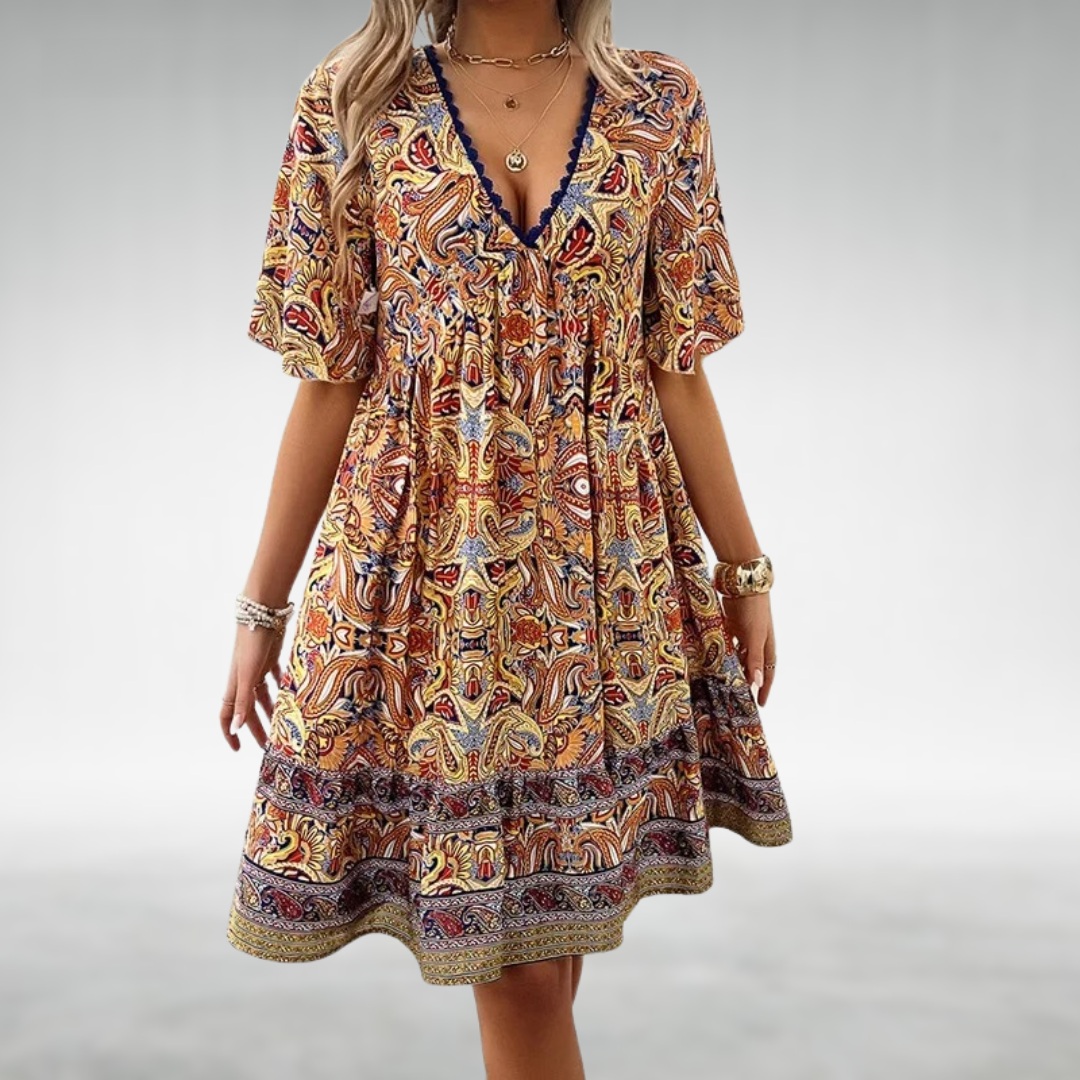 Boho swing dress women flowy V-neck empire waist lightweight breathable polyester summer style