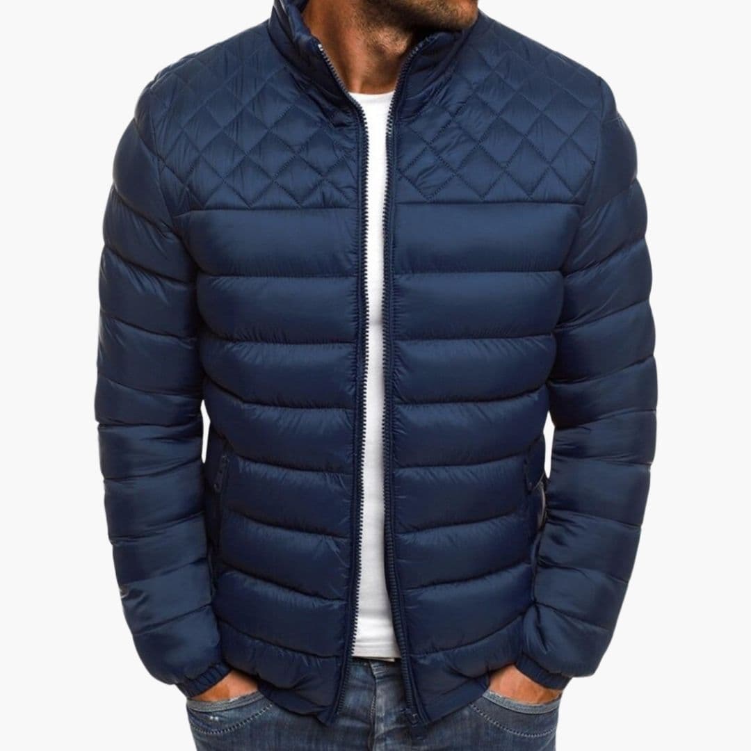 Men's black quilted bomber jacket with stand-up collar, full-zip closure, padded mid-season warmth