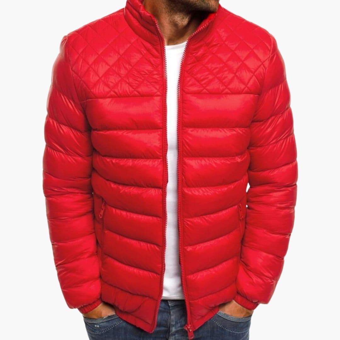 Men's black quilted bomber jacket stand-up collar full-zip padded mid-season layering essential