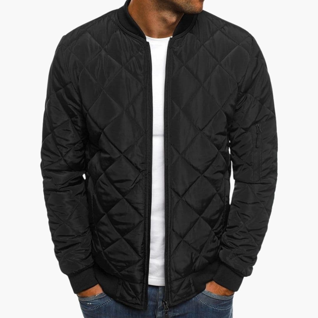 Men's quilted bomber jacket diamond pattern full-zip closure with sleeve pocket storage