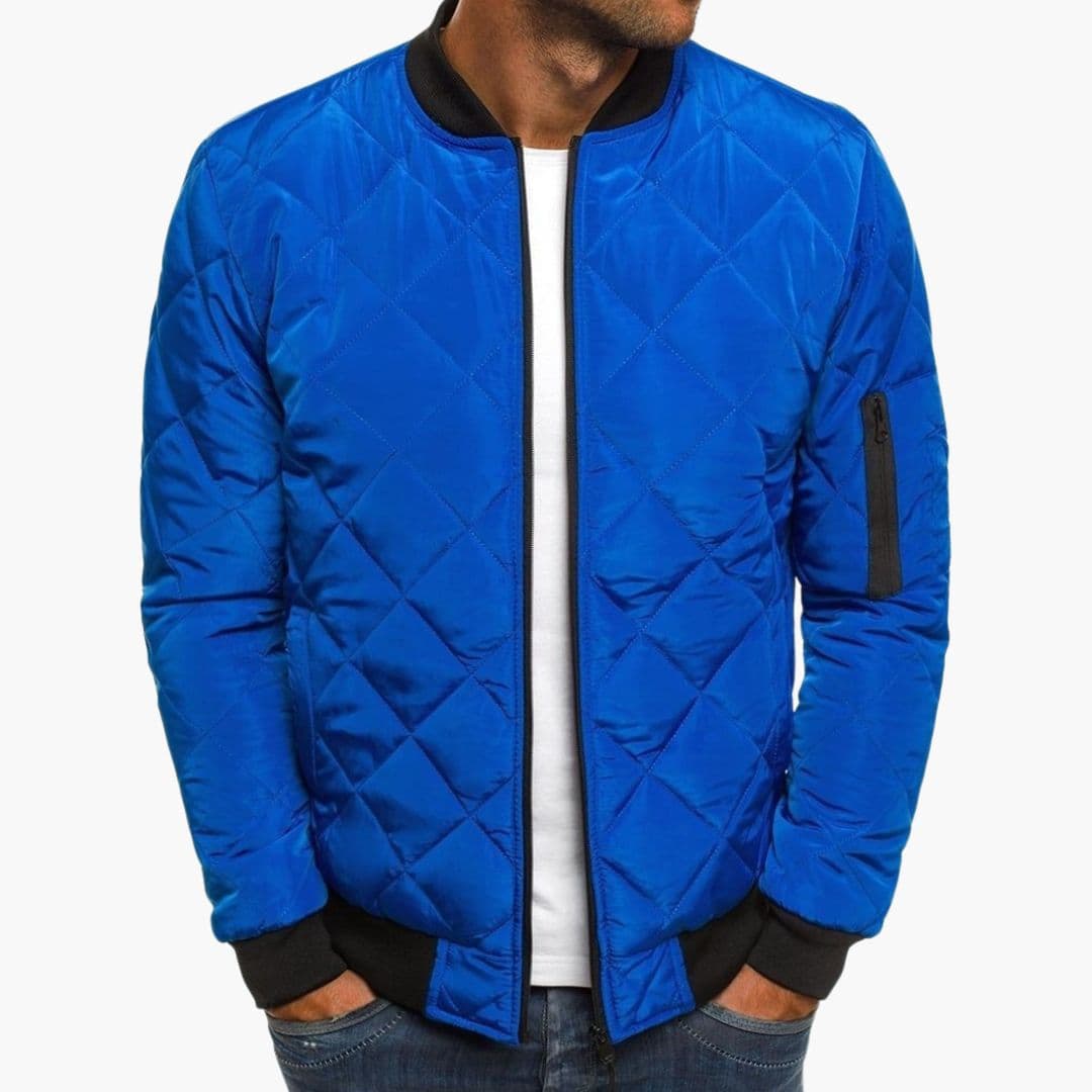 Men's black quilted bomber jacket diamond pattern full-zip closure with sleeve pocket