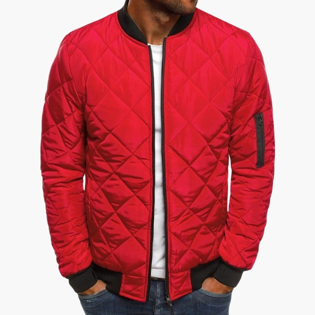 Men's black quilted bomber jacket diamond-stitched pattern full-zip closure sleeve pocket