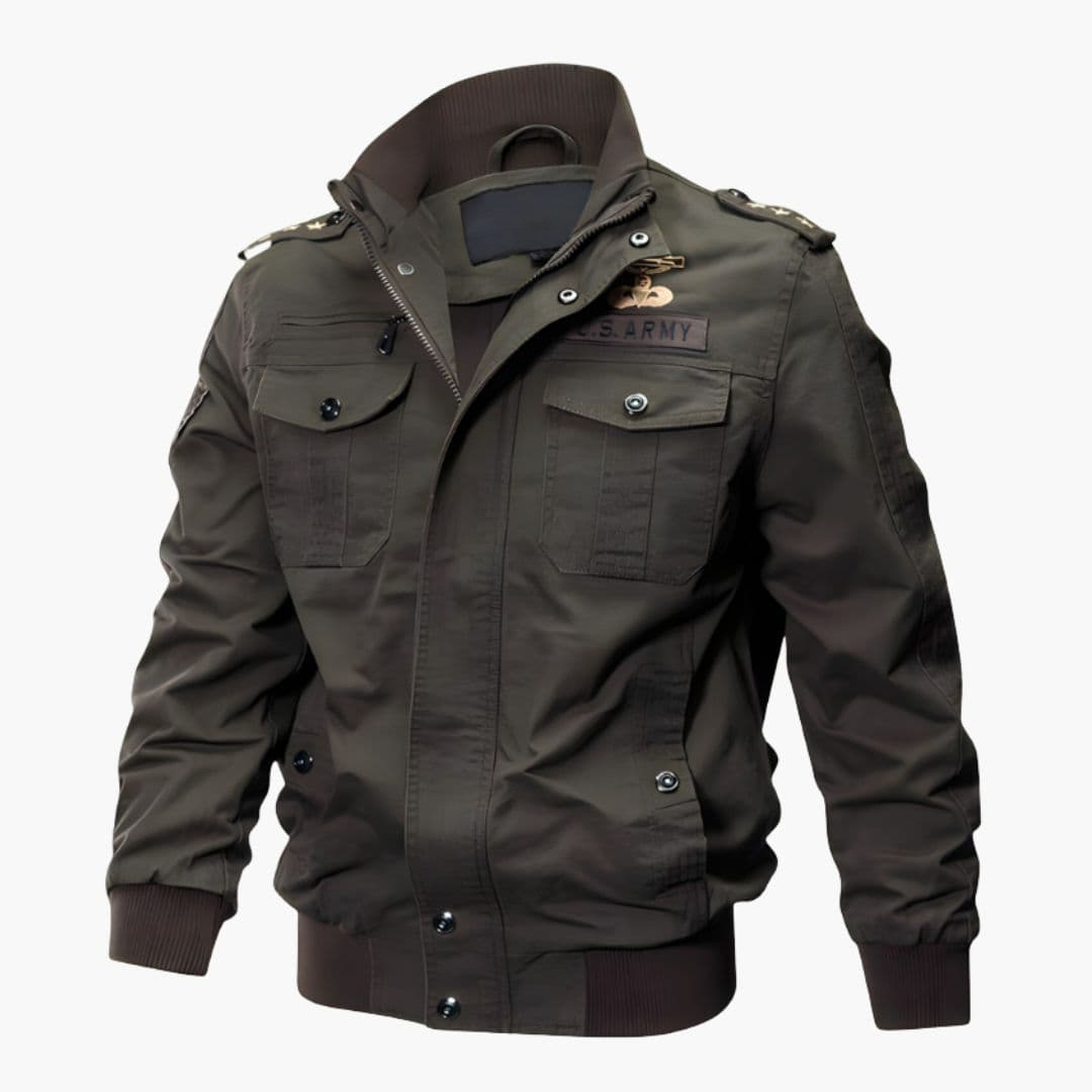 Men's olive green military bomber jacket with epaulettes, full-zip closure, and rugged utility flap pockets