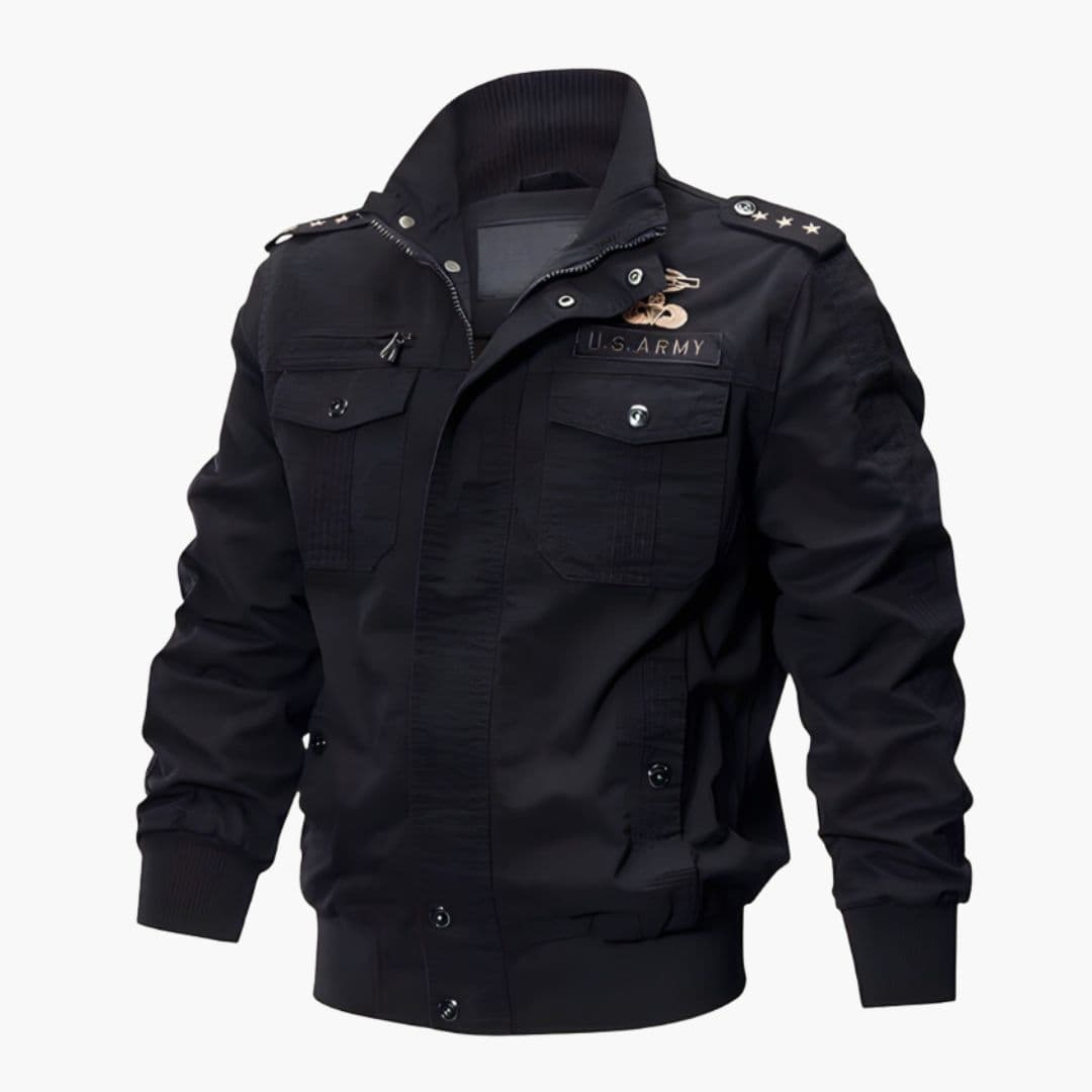 Men's olive green military bomber jacket with epaulettes, full-zip closure, and rugged utility flap pockets