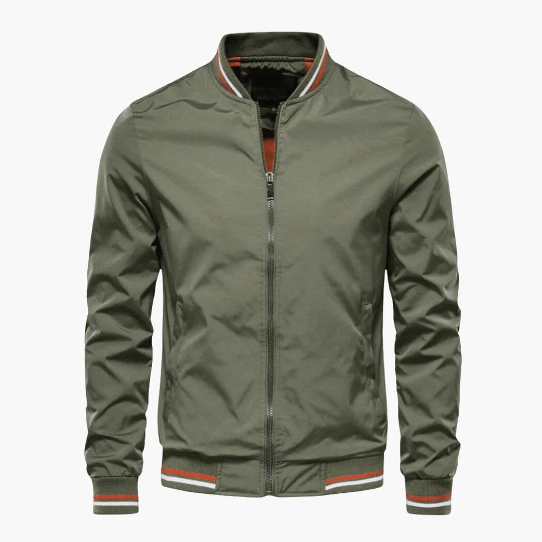 Men's black bomber jacket regular fit with striped ribbed collar, cuffs, and hem zipper closure
